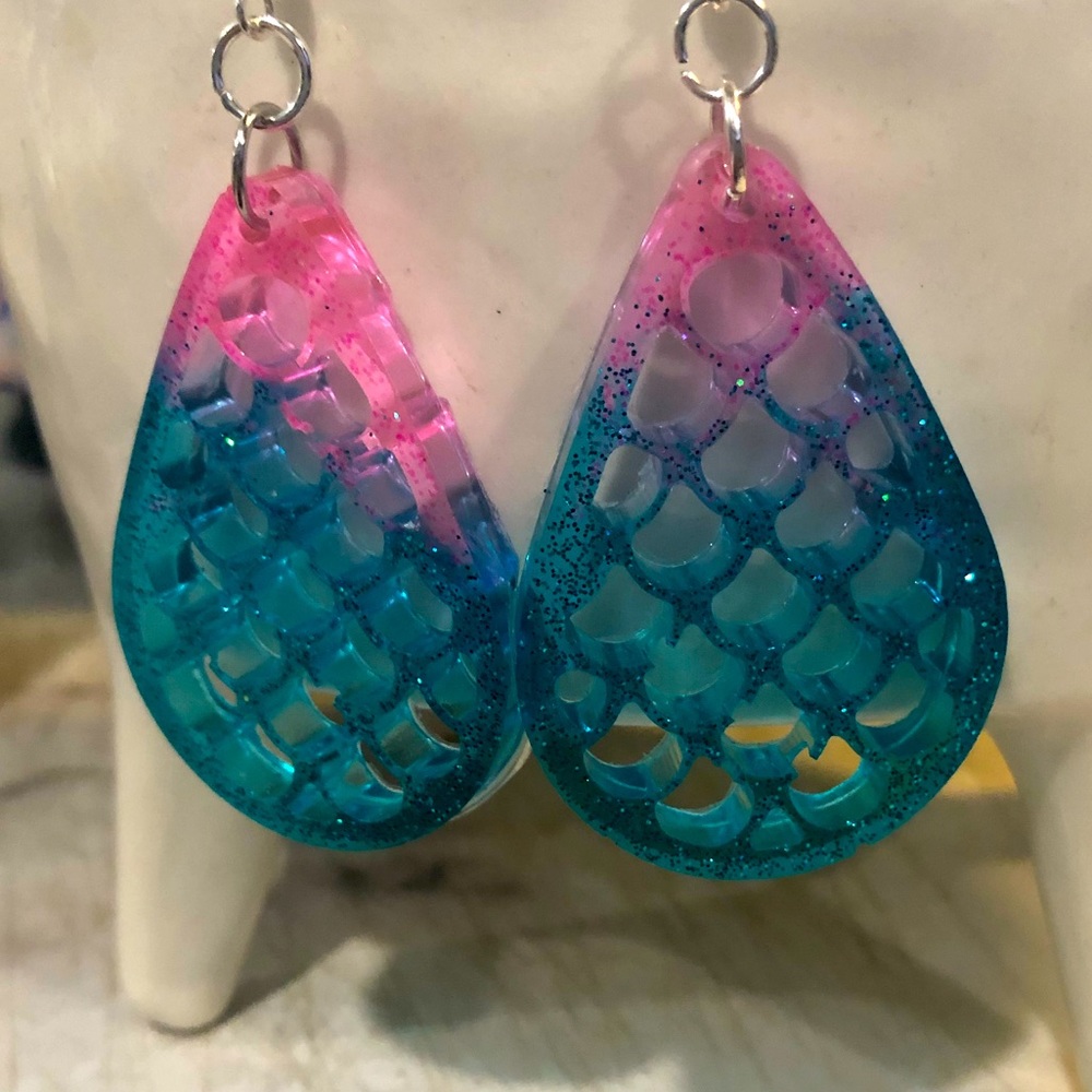 Handmade Pink and blue mermaid teardrop earrings